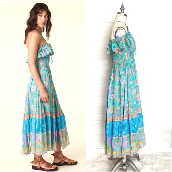 SPELL Hibiscus Lane Strapless Flutter Midi Dress Organic 
Lagoon Floral Print - Picture 5 of 17